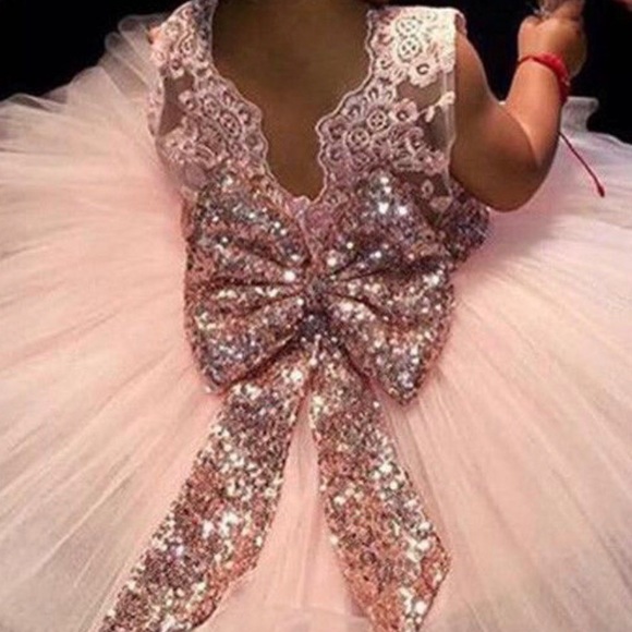 🎀New! Blush Pink Tutu Sparkly Bow Lace Dress - Picture 3 of 8